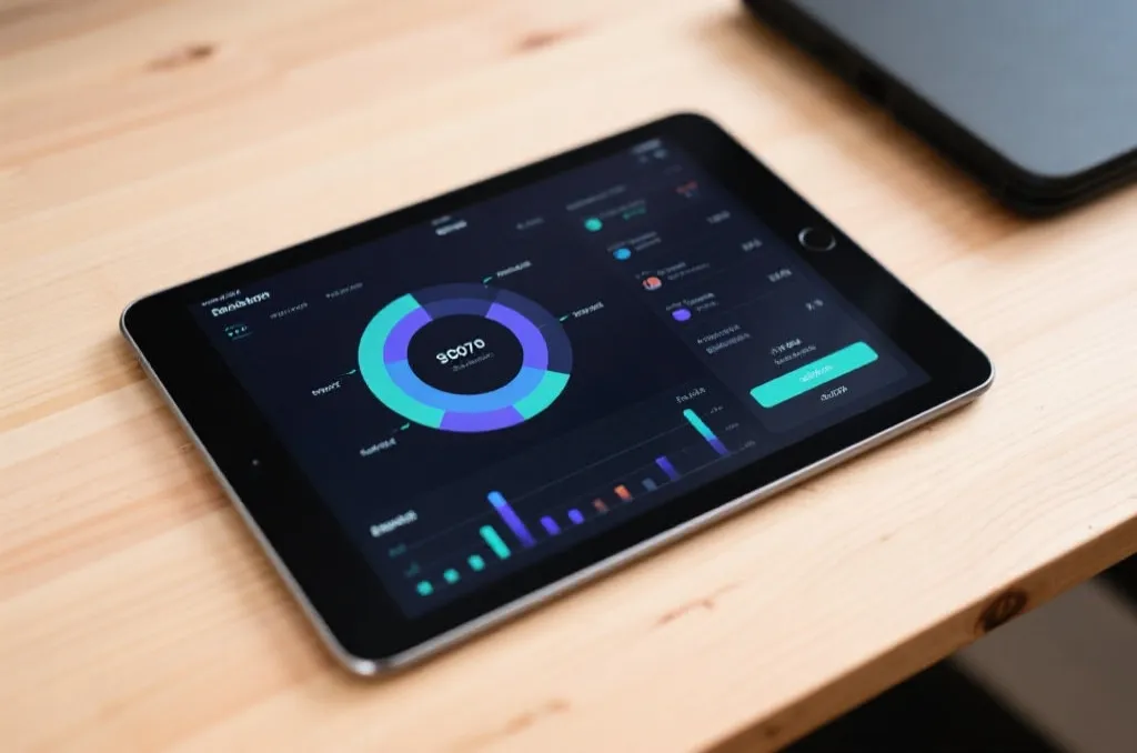 A modern tablet displaying an abstract generic sports data application on a clean wooden desk